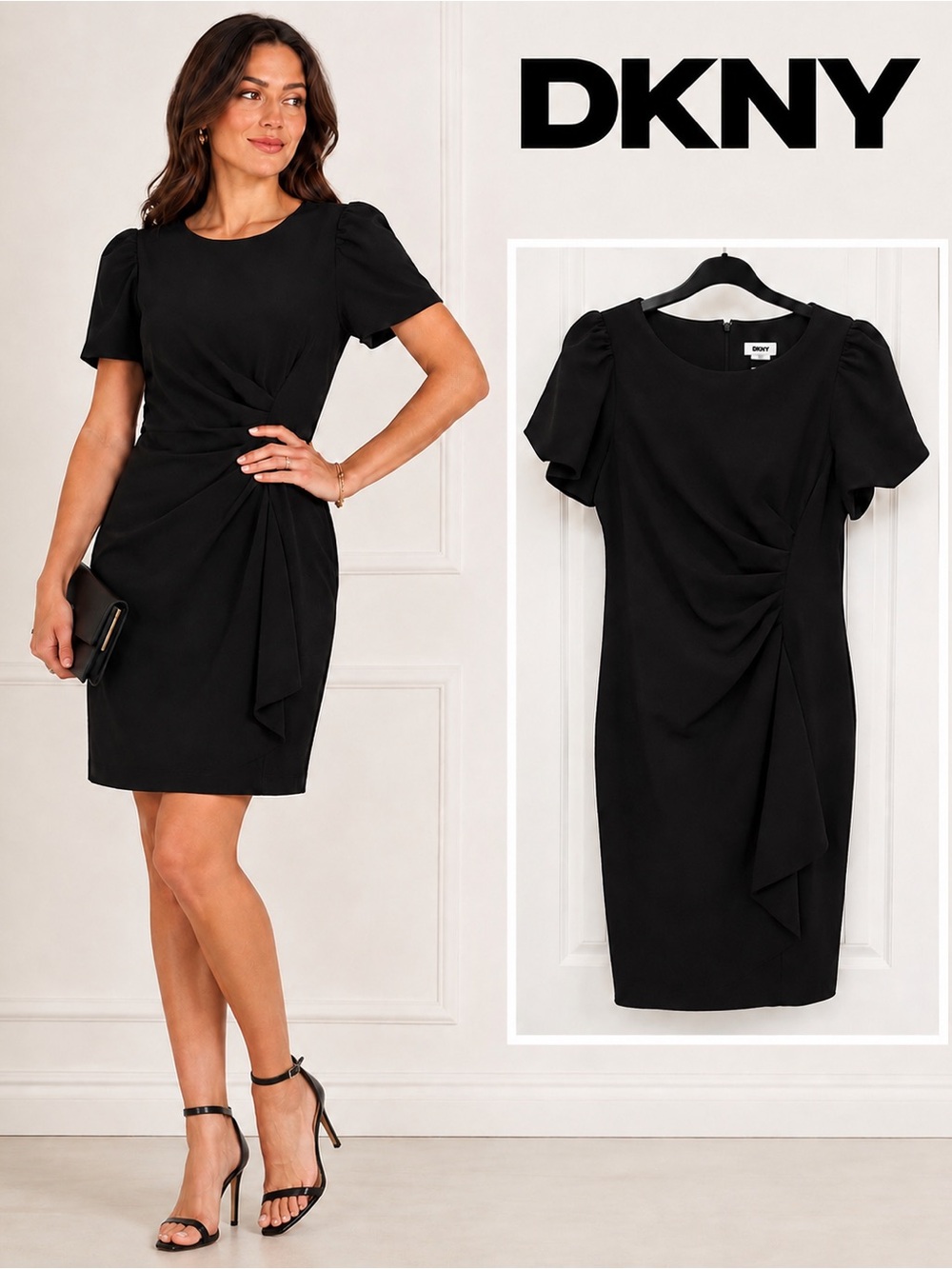 DKNY Black Ruched Draped Puff Sleeve Sheath Dress NWOT